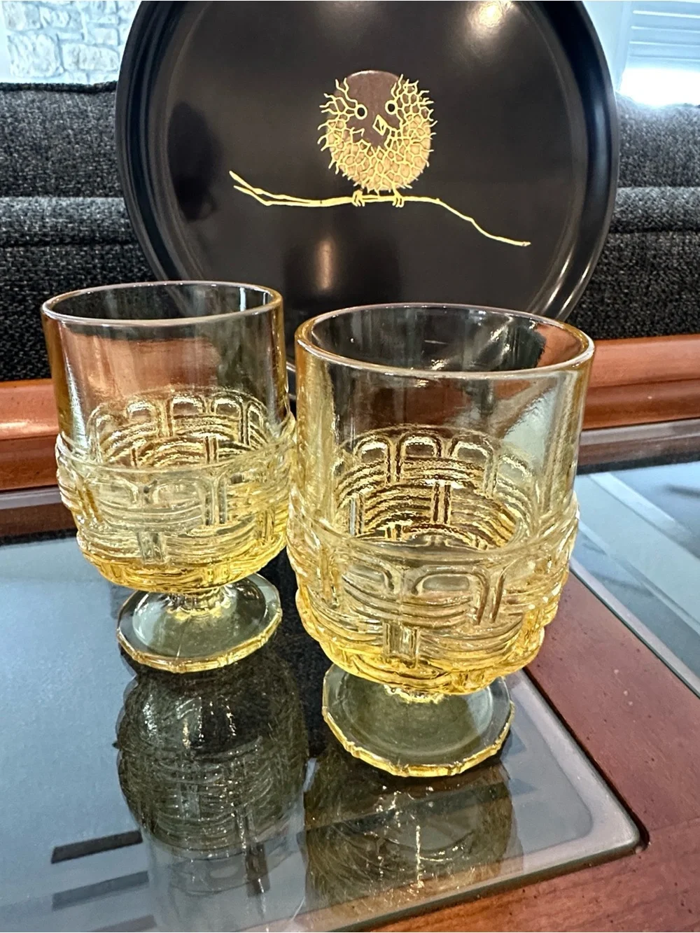 2 LE Smith Wicker amber yellow, iced tea/wine glasses. 70s USA
